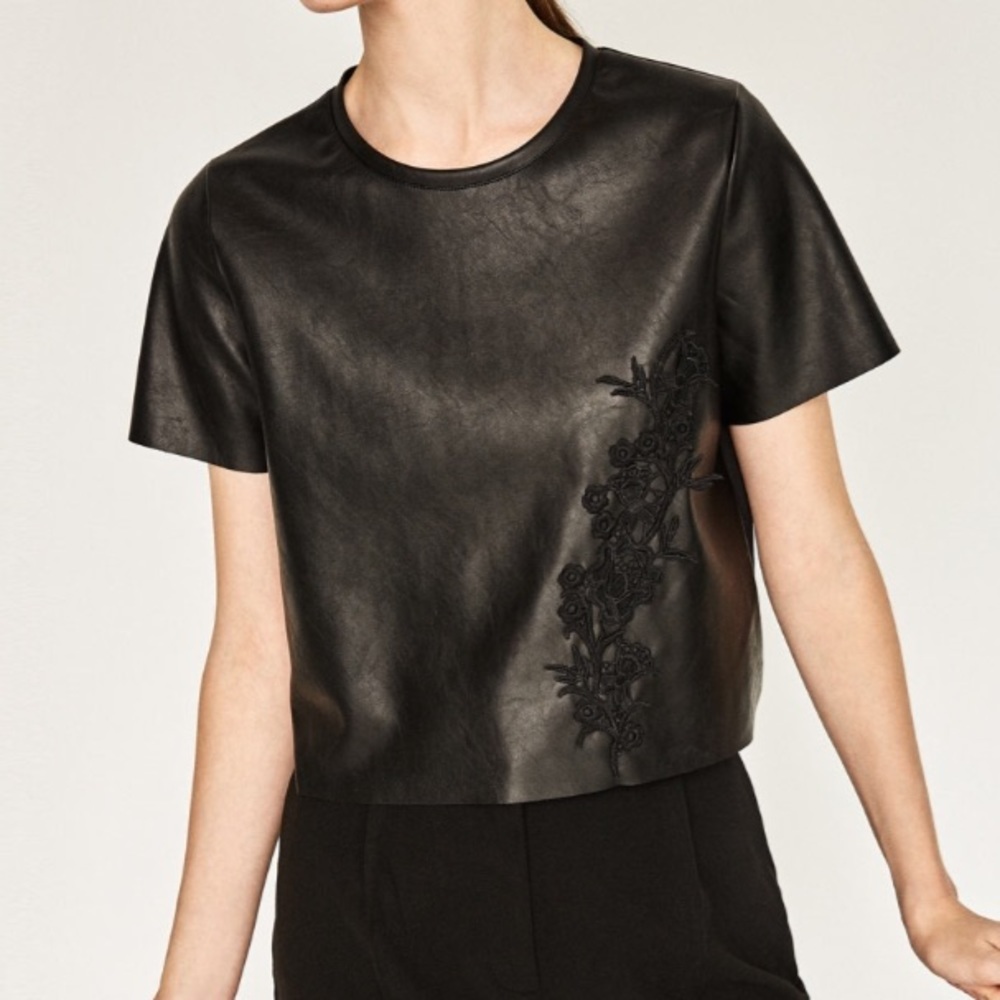 **RARE** ZARA Embroidered Vegan Faux Leather Top BRAND NEW WITH TAGS SMALL